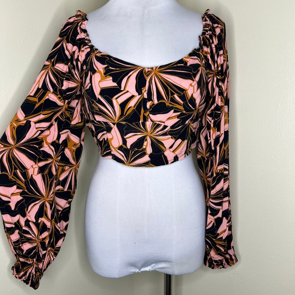 Minkpink Ziba Crop Top Large Multicolor Smocked Crepe Abstract Sweetheart Ruffle - Picture 2 of 14
